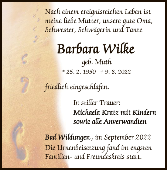 Traueranzeige von Barbara Wilke von WLZ