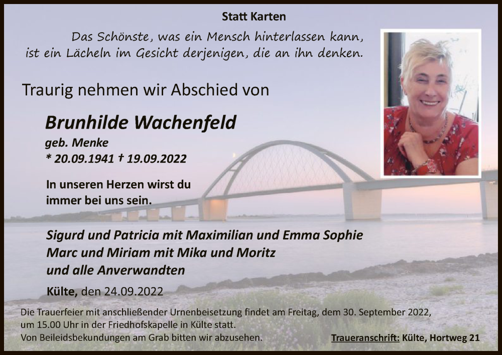  Traueranzeige für Brunhilde Wachenfeld vom 24.09.2022 aus WLZ