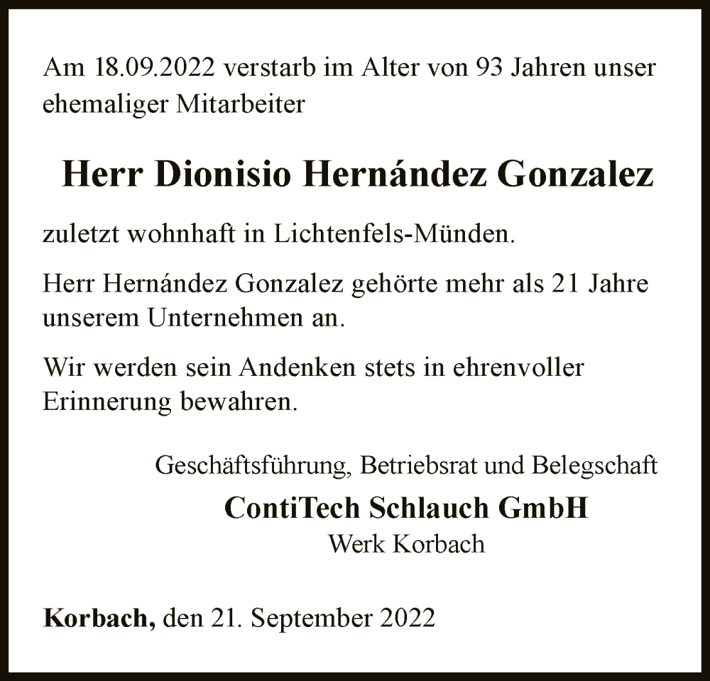  Traueranzeige für Dionisio Hernandez Gonzalez vom 21.09.2022 aus WLZ