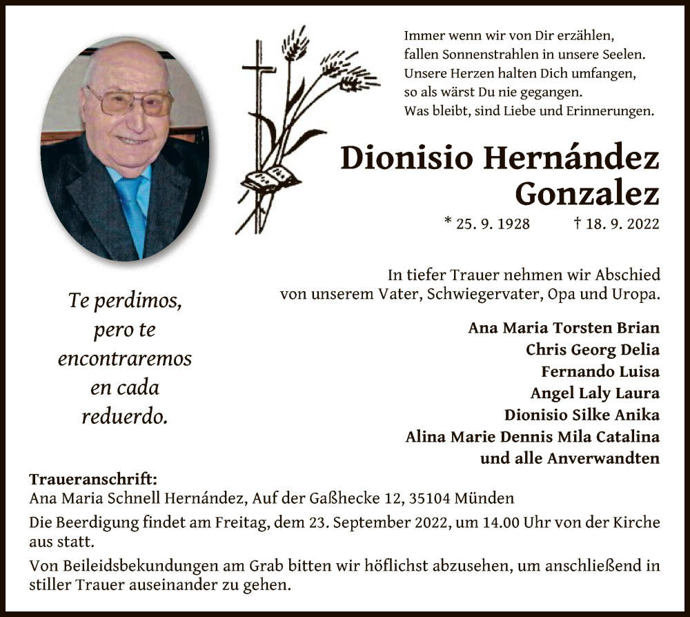  Traueranzeige für Dionisio Hernandez Gonzalez vom 20.09.2022 aus WLZ