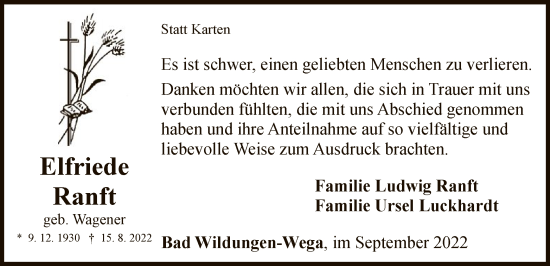 Traueranzeige von Elfriede Ranft von WLZ