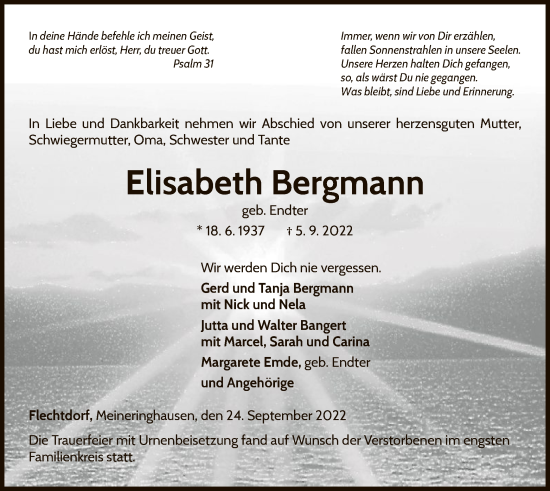 Traueranzeige von Elisabeth Bergmann von WLZ