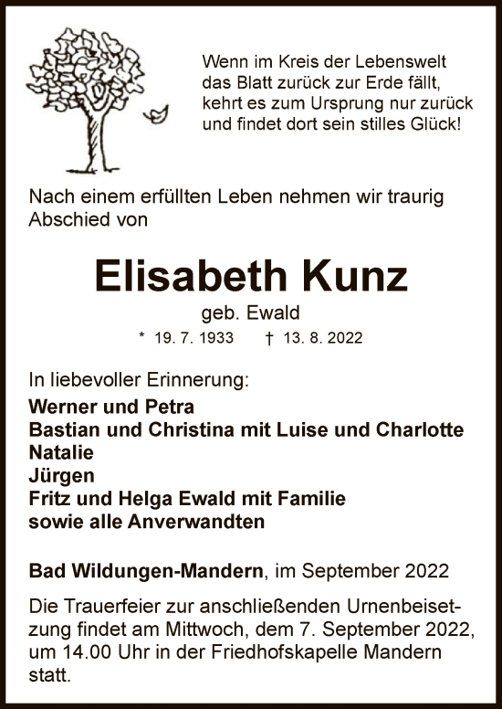 Traueranzeige von Elisabeth Kunz von WLZ