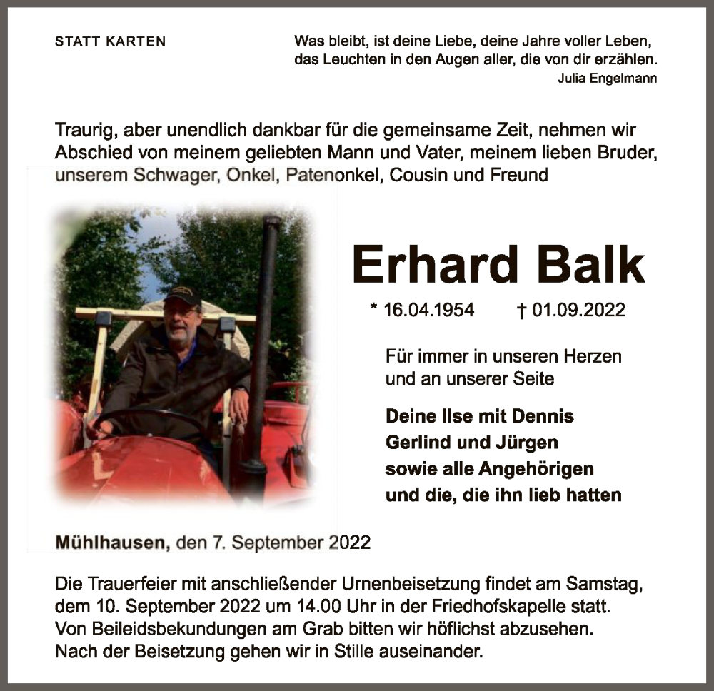  Traueranzeige für Erhard Balk vom 07.09.2022 aus WLZ