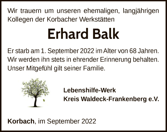 Traueranzeige von Erhard Balk von WLZ