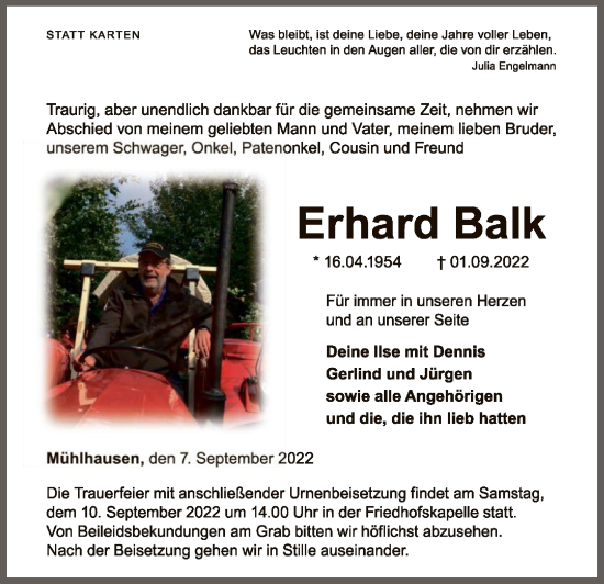 Traueranzeige von Erhard Balk von WLZ