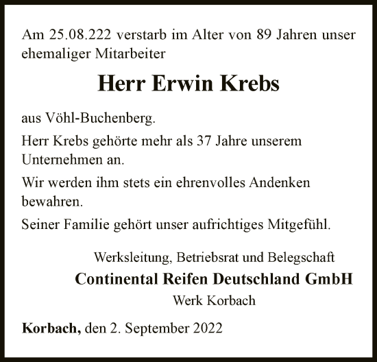 Traueranzeige von Erwin Krebs von WLZ