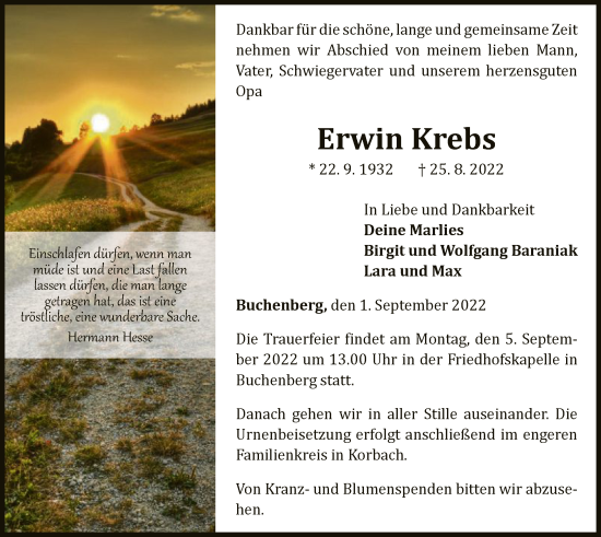 Traueranzeige von Erwin Krebs von WLZ