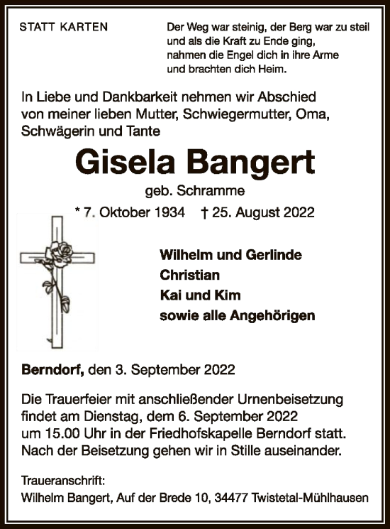 Traueranzeige von Gisela Bangert von WLZ