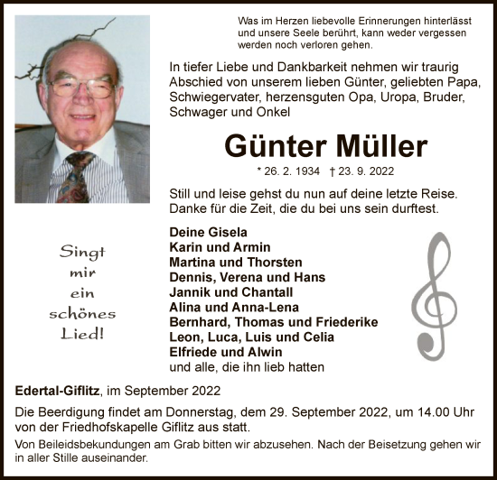 Traueranzeige von Günter Müller von WLZ