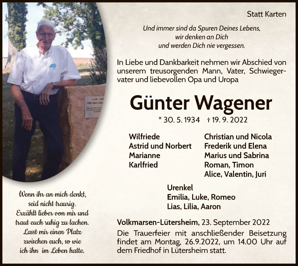  Traueranzeige für Günter Wagener vom 23.09.2022 aus WLZ