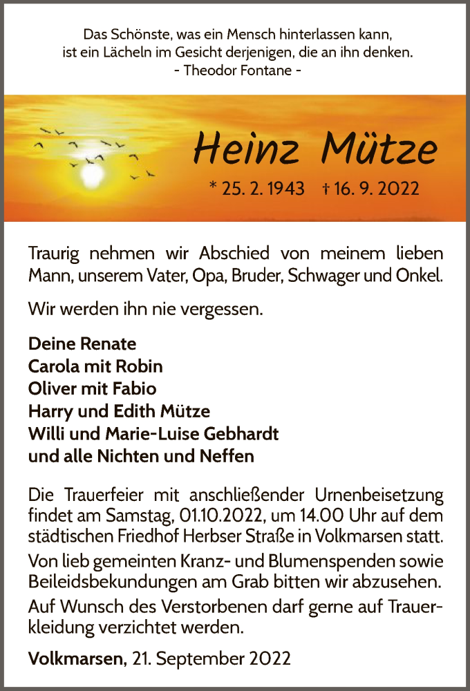  Traueranzeige für Heinz Mütze vom 21.09.2022 aus WLZ