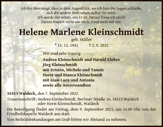 Traueranzeige von Helene Marlene Kleinschmidt von WLZ