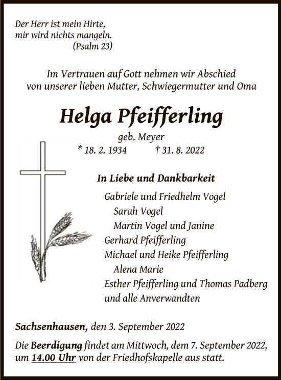 Traueranzeige von Helga Pfeifferling von WLZ