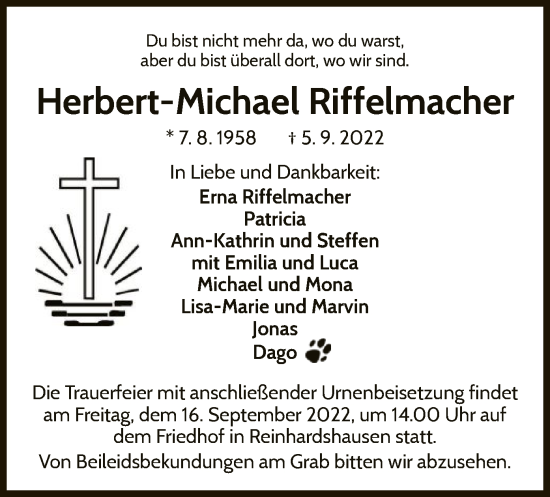 Traueranzeigen von Herbert-Michael Riffelmacher