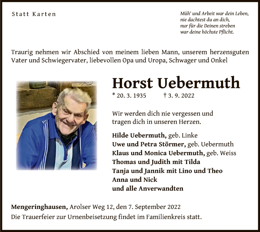  Traueranzeige für Horst Uebermuth vom 07.09.2022 aus WLZ