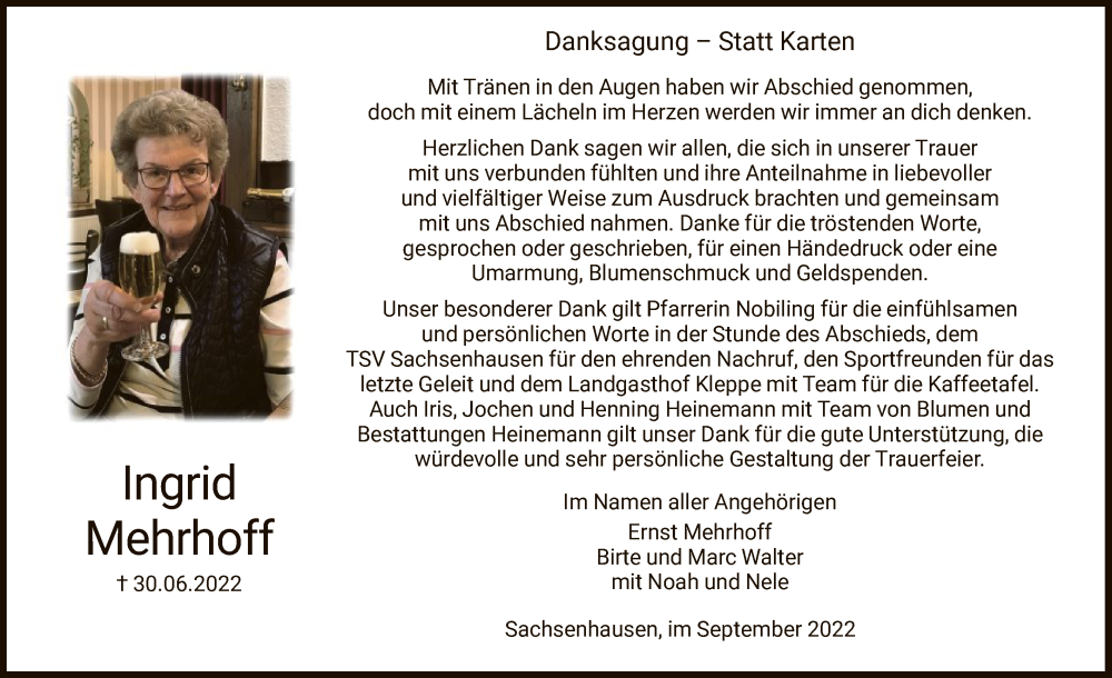  Traueranzeige für Ingrid Mehrhoff vom 03.09.2022 aus WLZ