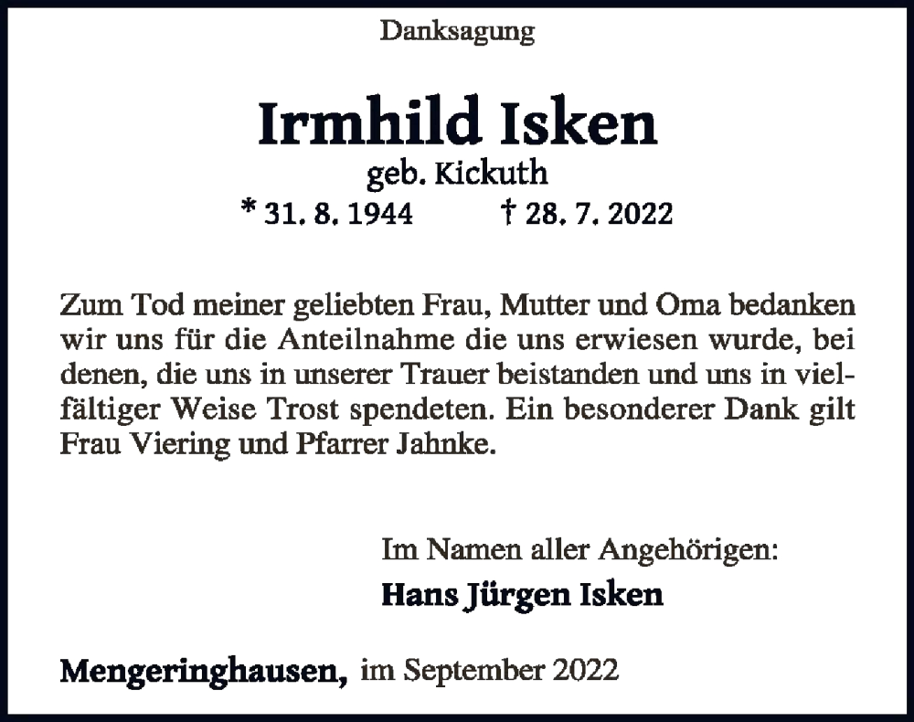  Traueranzeige für Irmhild Isken vom 17.09.2022 aus WLZ