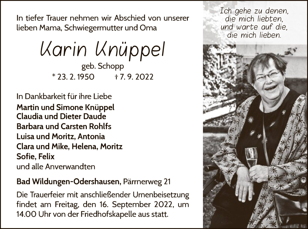  Traueranzeige für Karin Knüppel vom 10.09.2022 aus WLZ