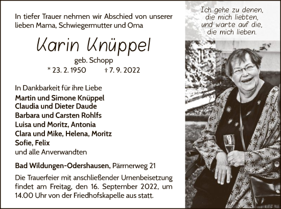 Traueranzeige von Karin Knüppel von WLZ