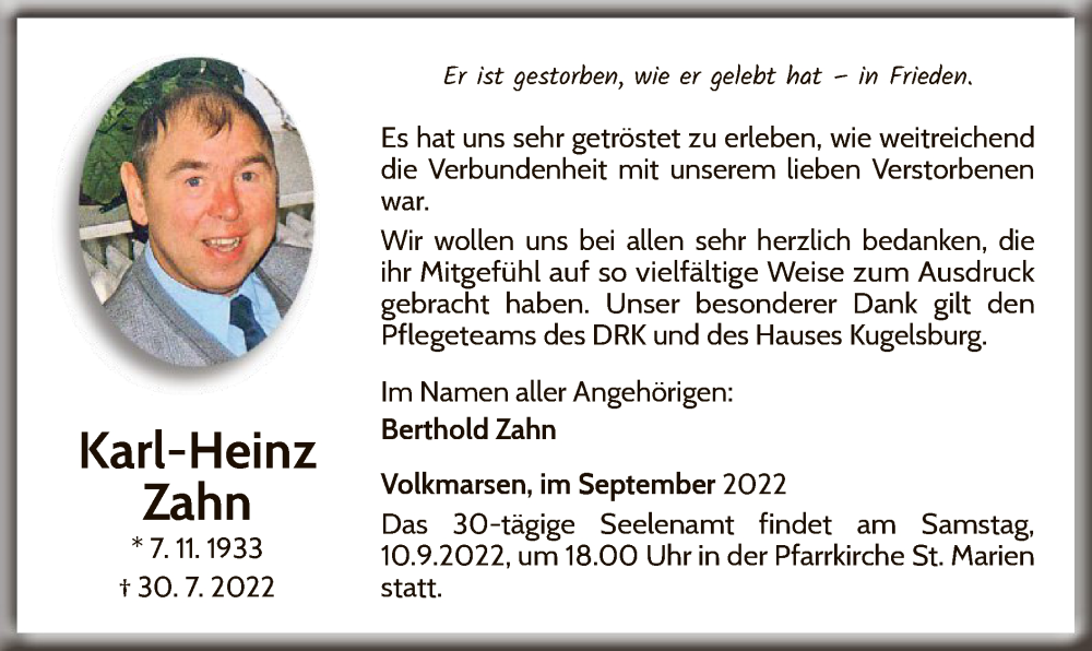  Traueranzeige für Karl-Heinz Zahn vom 03.09.2022 aus WLZ