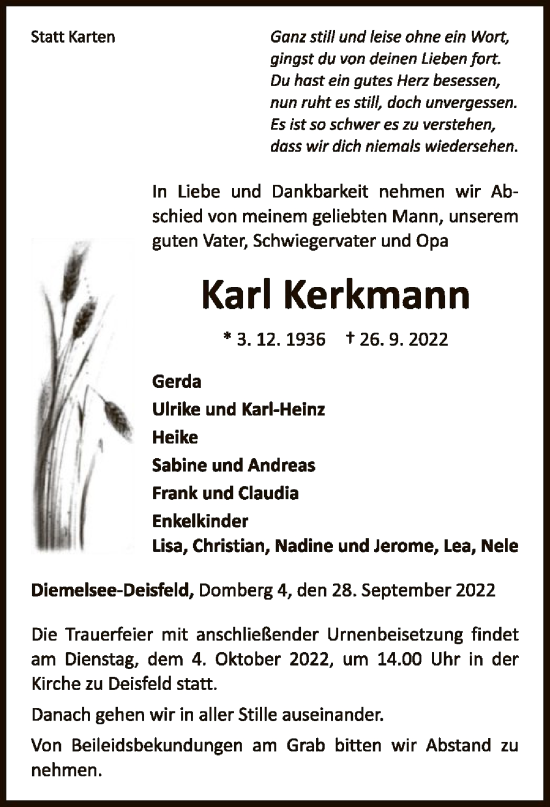 Traueranzeige von Karl Kerkmann von WLZ