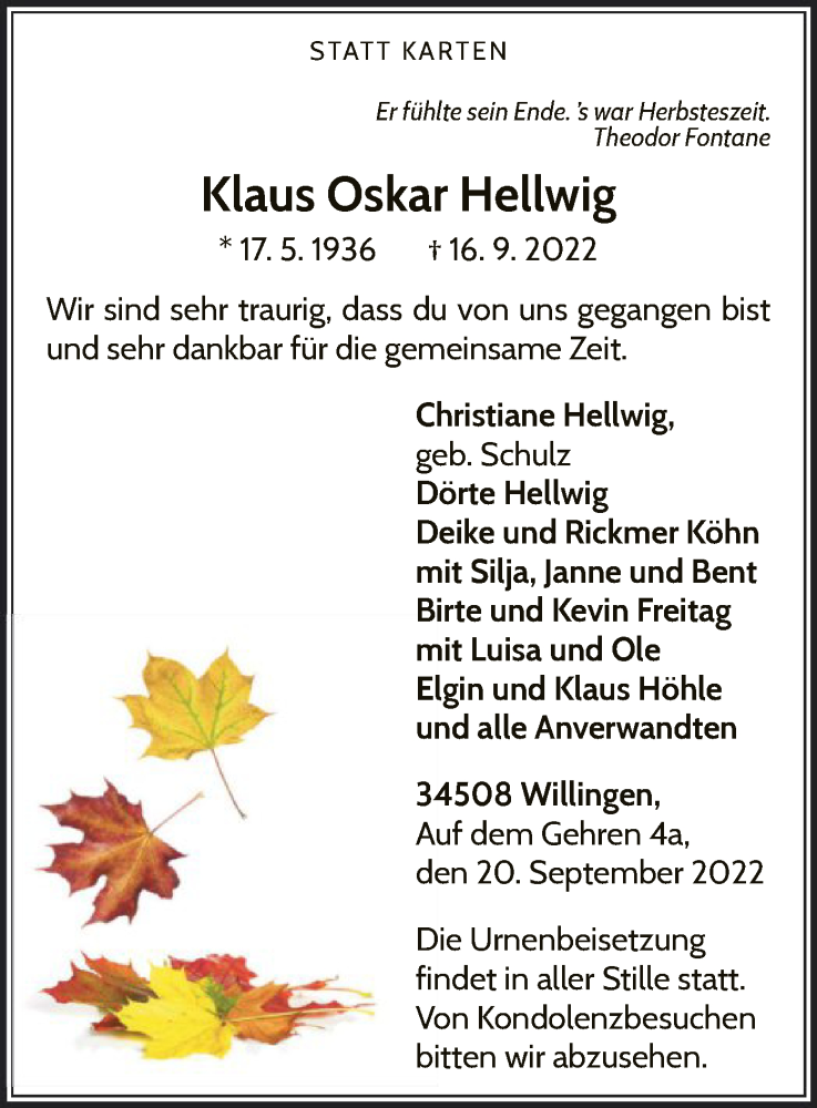  Traueranzeige für Klaus Oskar Hellwig vom 20.09.2022 aus WLZ
