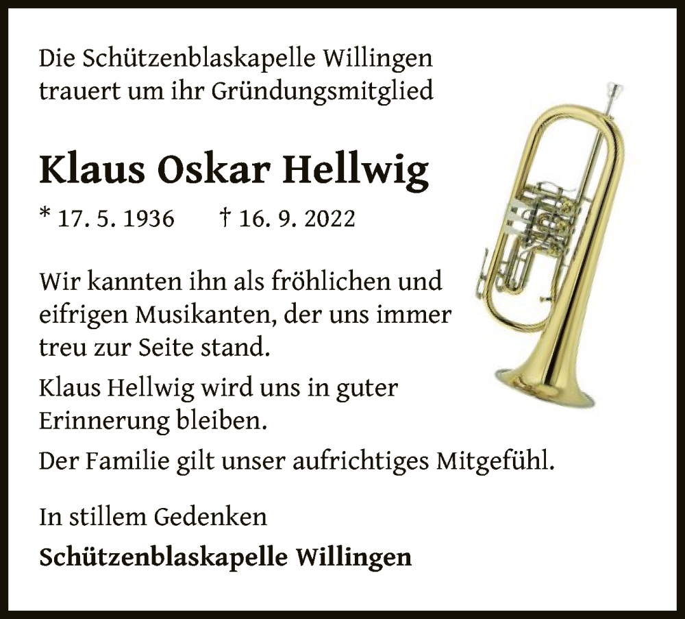  Traueranzeige für Klaus Oskar Hellwig vom 22.09.2022 aus WLZ