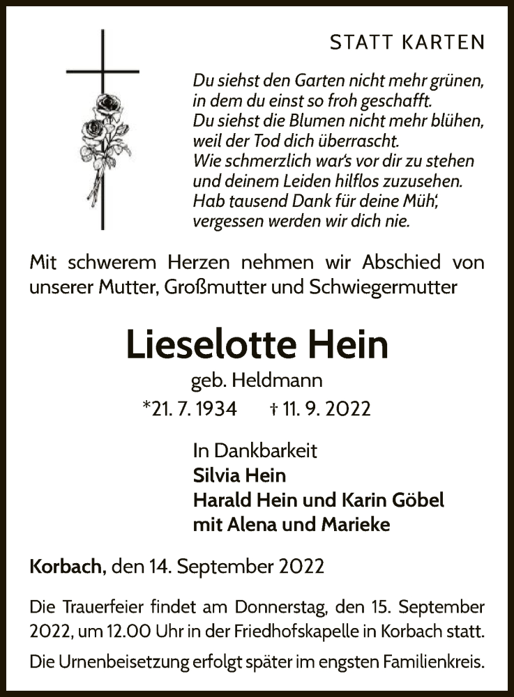  Traueranzeige für Lieselotte Hein vom 14.09.2022 aus WLZ