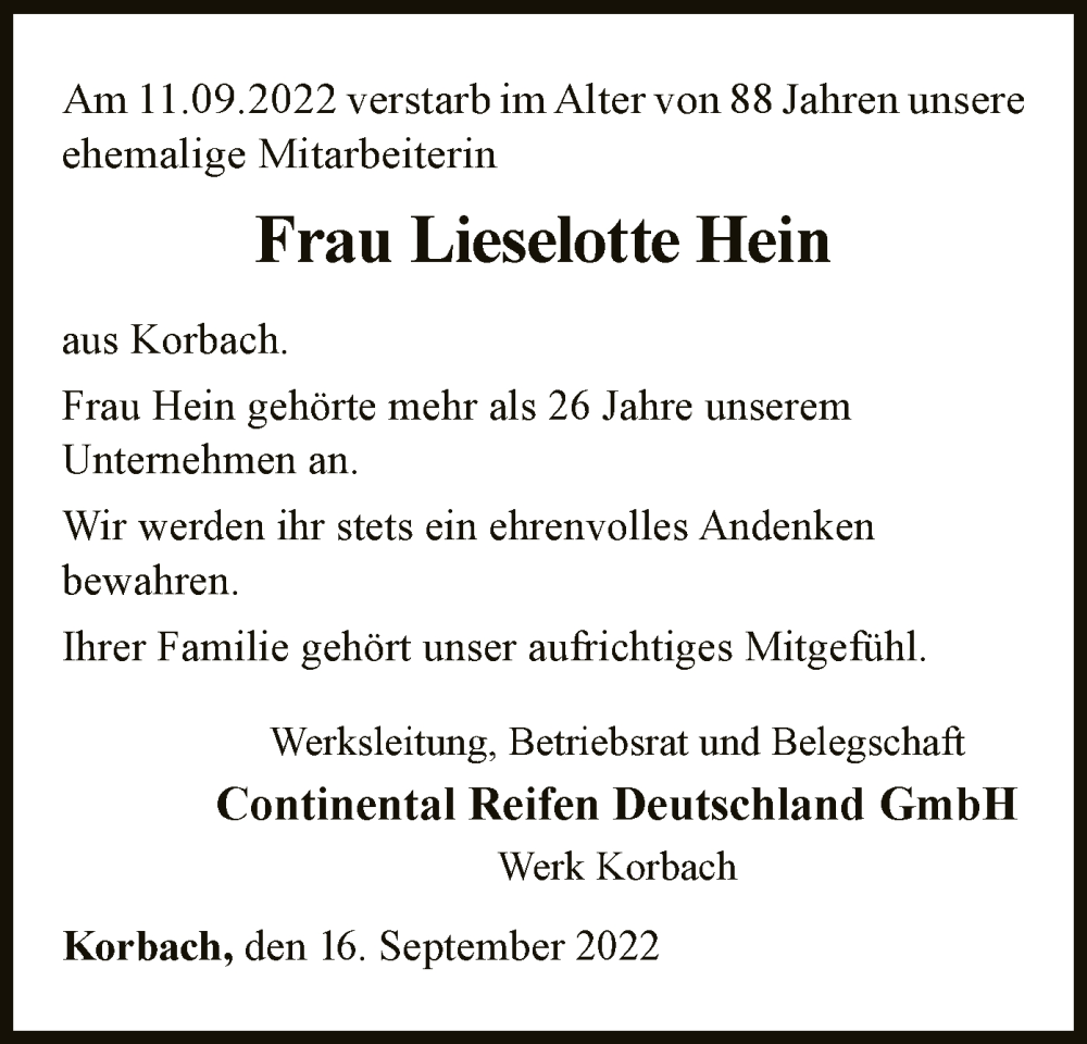 Traueranzeige für Lieselotte Hein vom 16.09.2022 aus WLZ