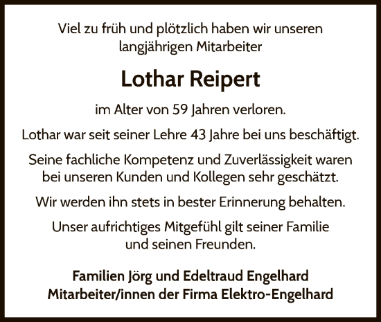 Traueranzeige von Lothar Reipert von WLZ