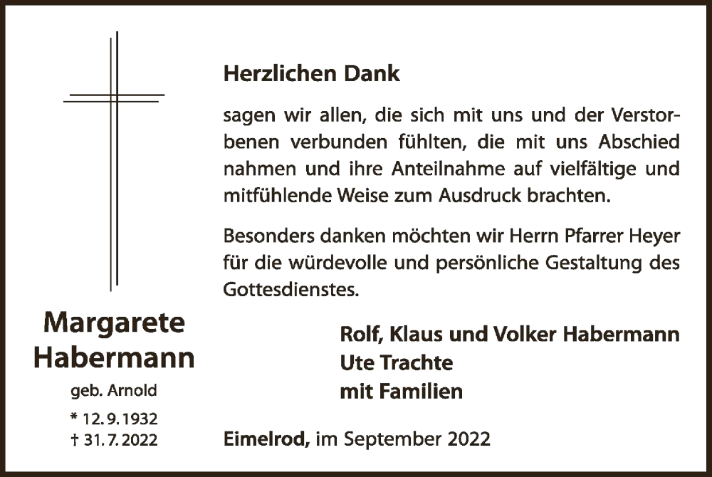  Traueranzeige für Margarete Habermann vom 10.09.2022 aus WLZ