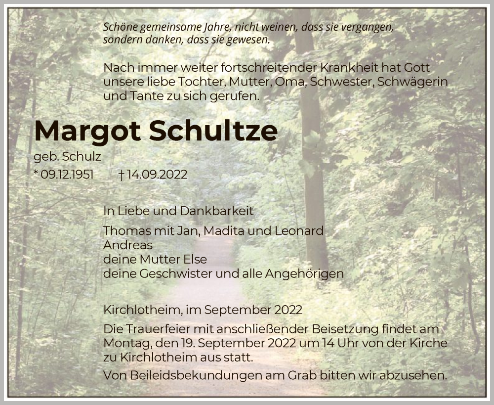  Traueranzeige für Margot Schultze vom 17.09.2022 aus HNA