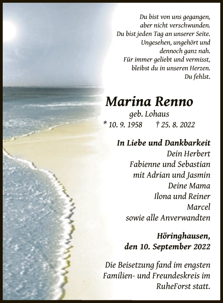  Traueranzeige für Marina Renno vom 10.09.2022 aus WLZ