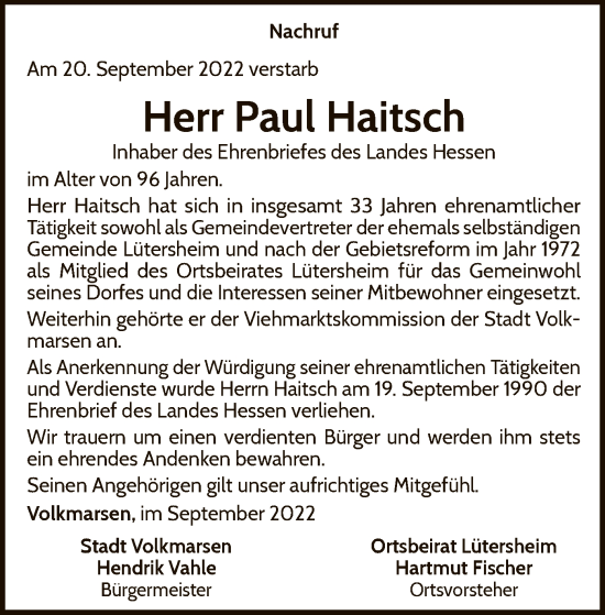 Traueranzeige von Paul Haitsch von WLZ