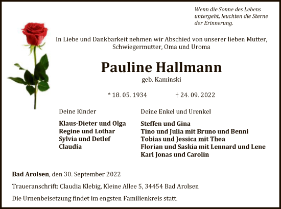 Traueranzeige von Pauline Hallmann von WLZ