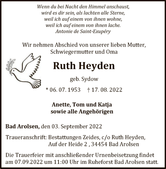 Traueranzeige von Ruth Heyden von WLZ