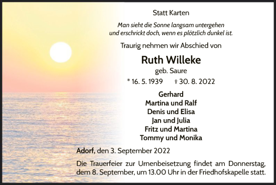 Traueranzeige von Ruth Willeke von WLZ