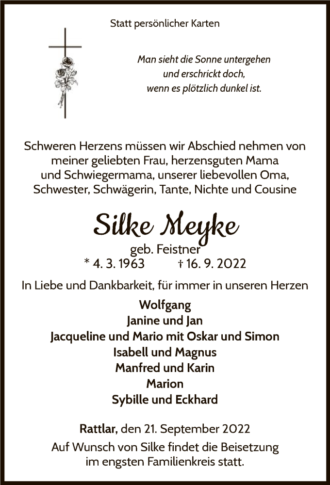  Traueranzeige für Silke Meyke vom 21.09.2022 aus WLZ