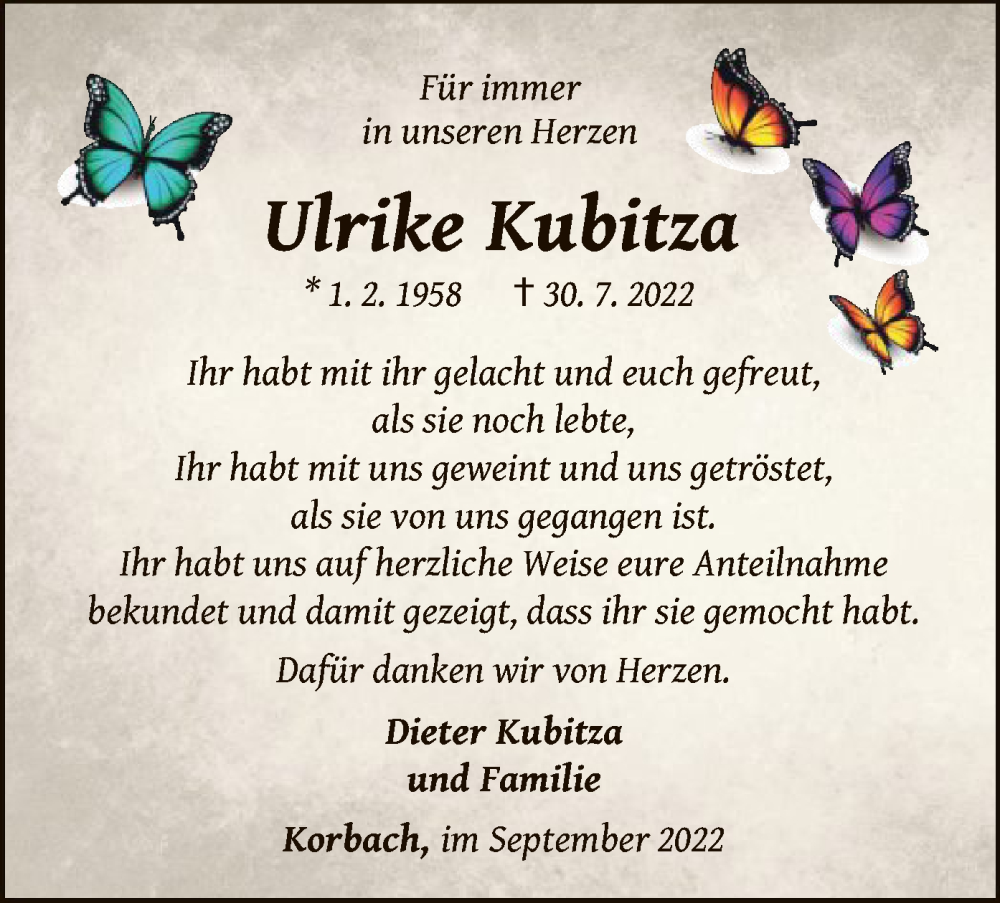  Traueranzeige für Ulrike Kubitza vom 24.09.2022 aus WLZ