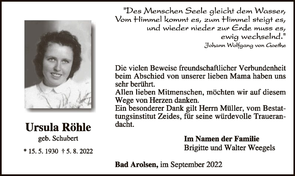  Traueranzeige für Ursula Röhle vom 03.09.2022 aus WLZ
