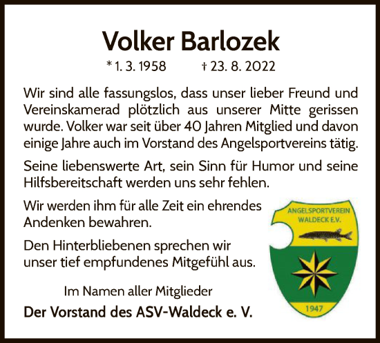 Traueranzeige von Volker Barlozek von WLZ