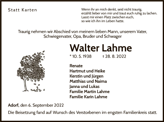 Traueranzeige von Walter Lahme von WLZ