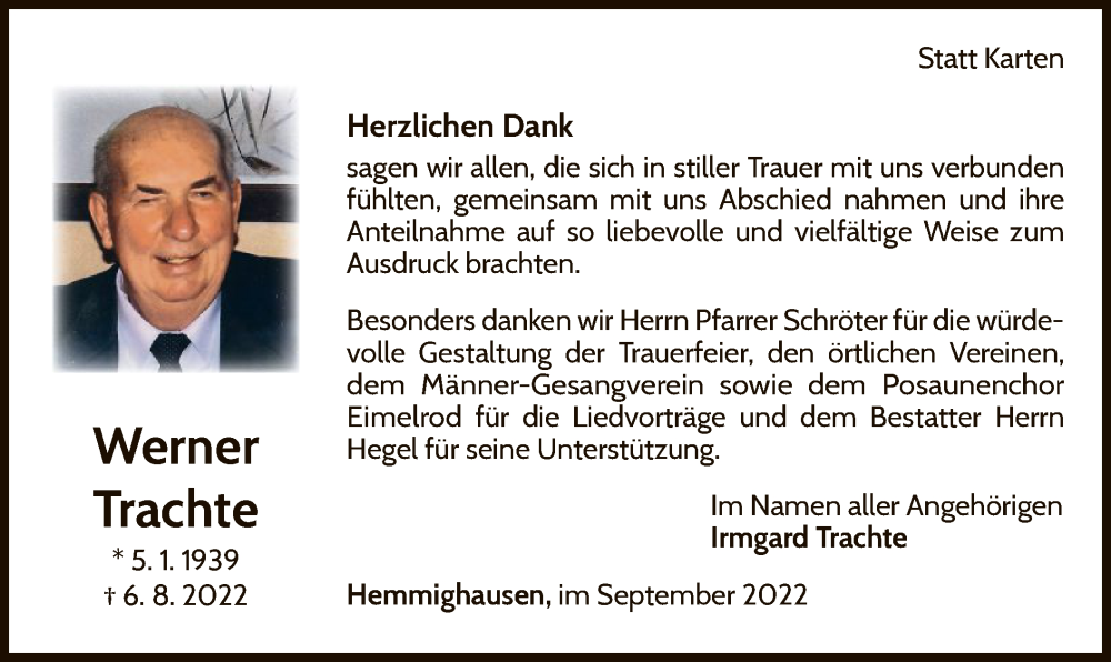  Traueranzeige für Werner Trachte vom 24.09.2022 aus WLZ