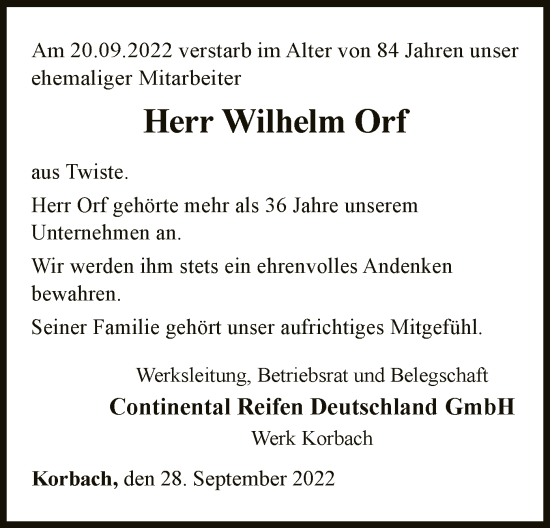 Traueranzeige von Wilhelm Orf von WLZ