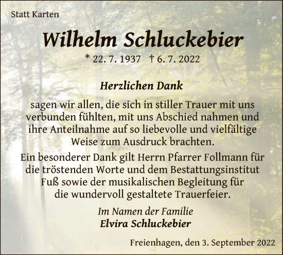 Traueranzeige von Wilhelm Schluckebier von WLZ