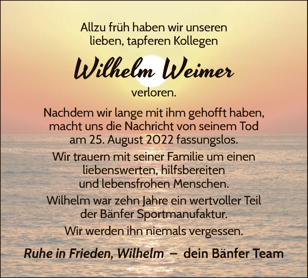  Traueranzeige für Wilhelm Weimer vom 07.09.2022 aus WLZ