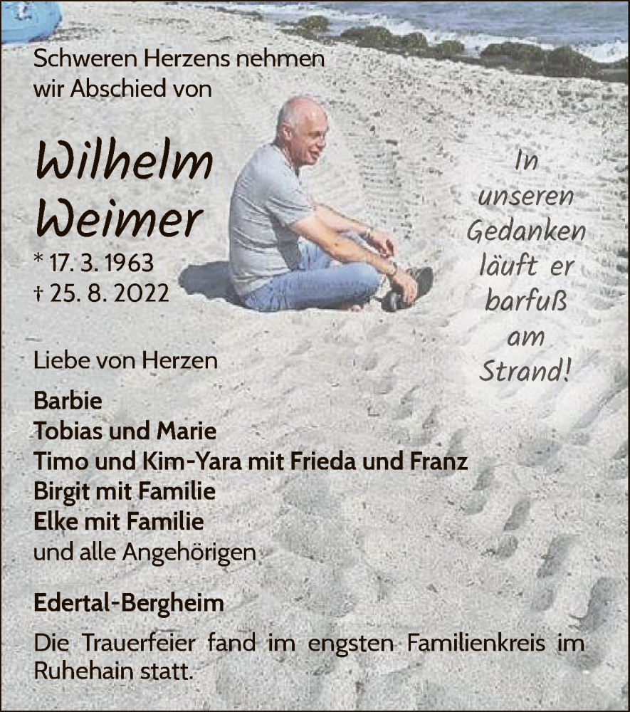  Traueranzeige für Wilhelm Weimer vom 03.09.2022 aus WLZ