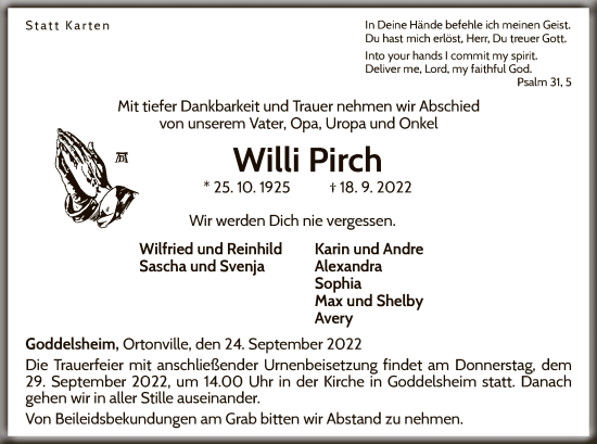 Traueranzeige von Willi Pirch von WLZ