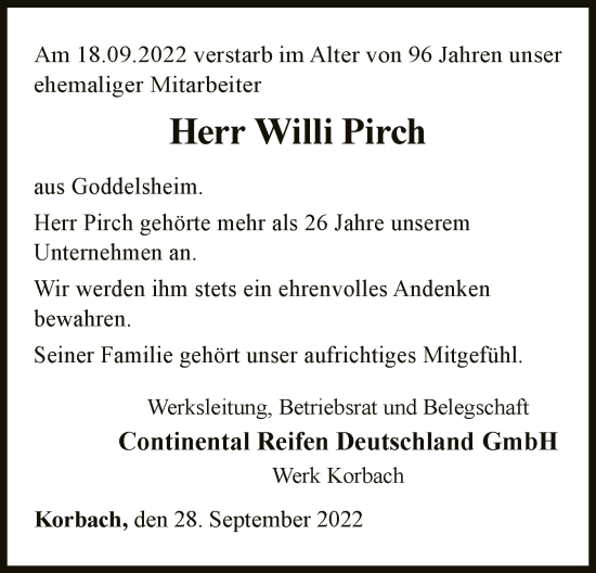 Traueranzeige von Willi Pirch von WLZ